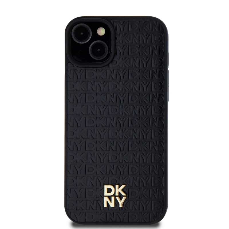 DKNY PU bőr Ismétlődő mintás Stack Logo Magsafe hátlap iPhone 13-hoz Fekete