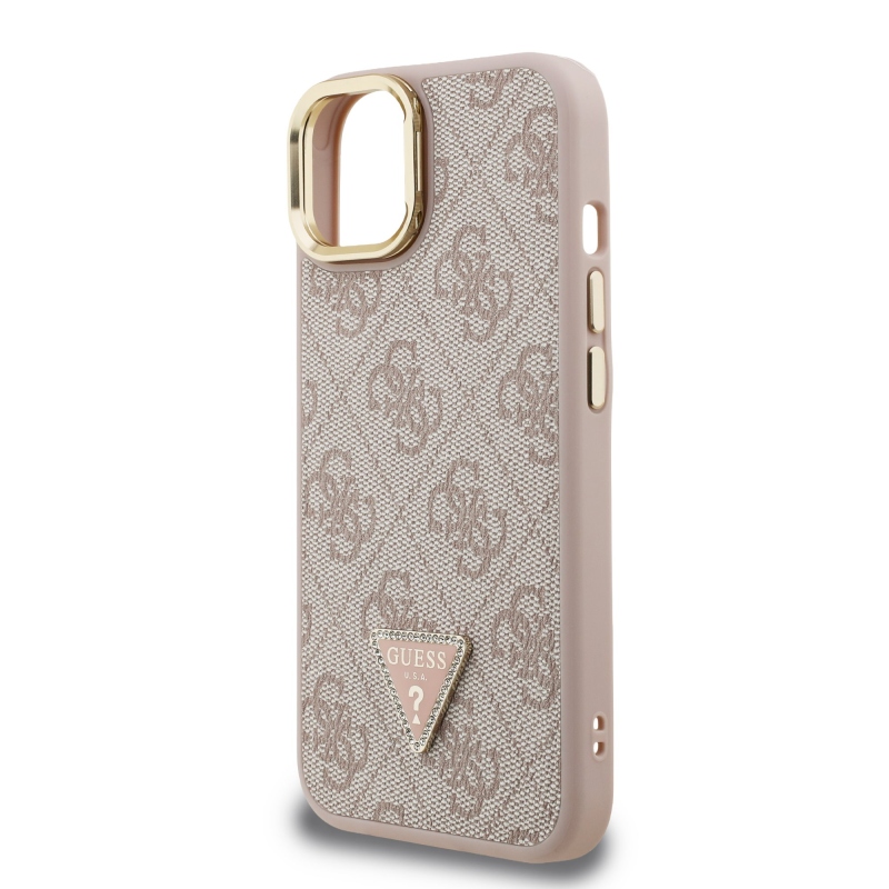 Guess PU 4G Strass háromszög logó állvány kamerakeret MagSafe hátlapi borító iPhone 13 rózsaszínhez