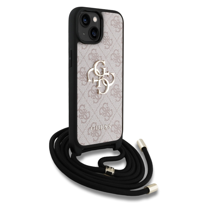 Guess PU 4G fém logó fém keresztpánt hátlapi borító iPhone 15 rózsaszínhez