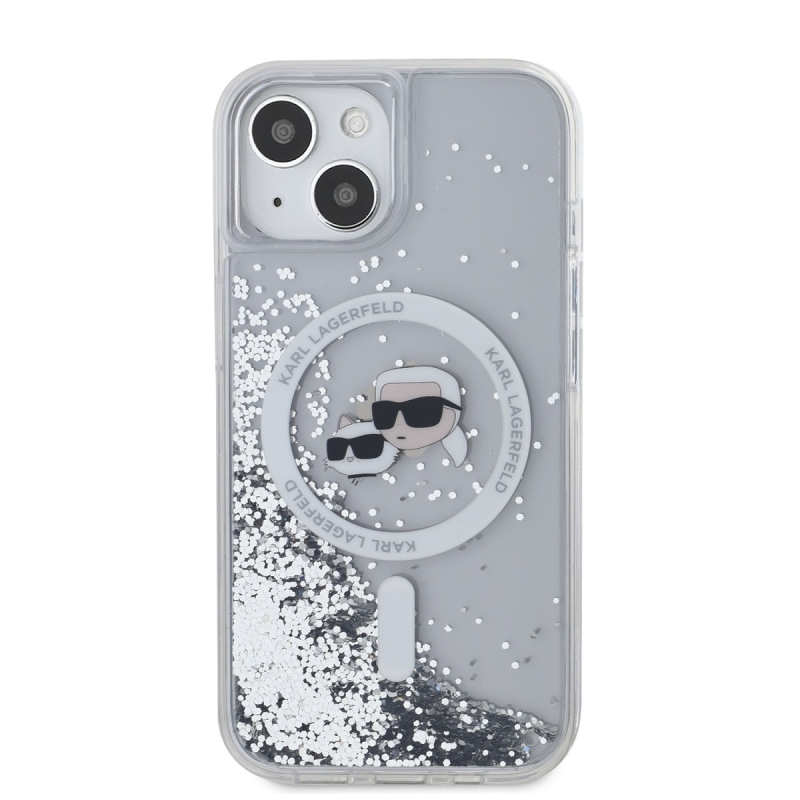 Karl Lagerfeld Liquid Glitter Karl és Choupette fejek MagSafe hátlap iPhone 15-hez Átlátszó