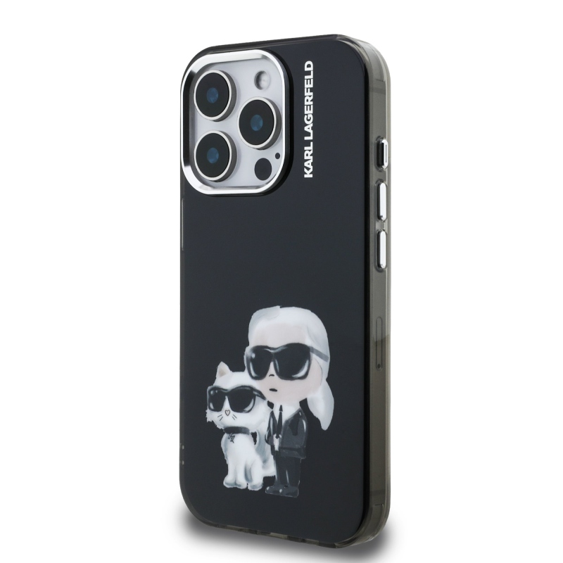 Karl Lagerfeld IML Aquarelle Karl és Choupette hátlapi borító iPhone 15 Pro készülékhez Fekete