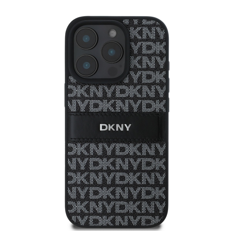DKNY PU bőr ismétlődő mintás tonális csíkos hátlapi borító iPhone 16 Pro Max-hoz Fekete