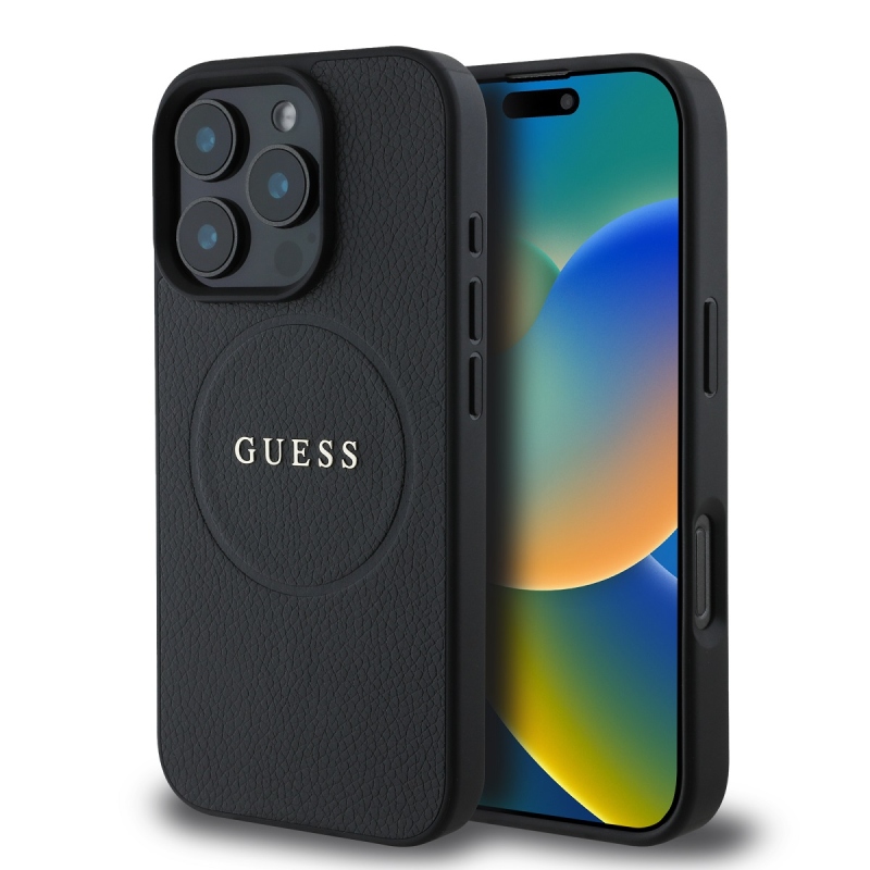 Guess PU szemcsés klasszikus logós MagSafe hátlap az iPhone 16 Pro-hoz Fekete