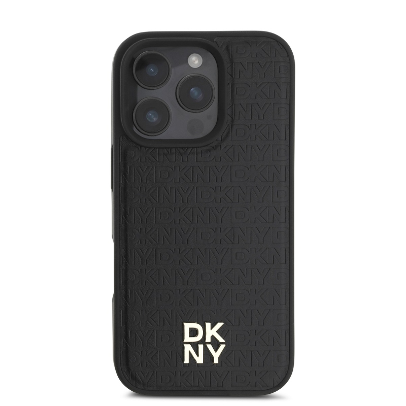 DKNY PU bőr Ismétlődő mintás Stack Logo MagSafe hátlap iPhone 16 Pro Fekete
