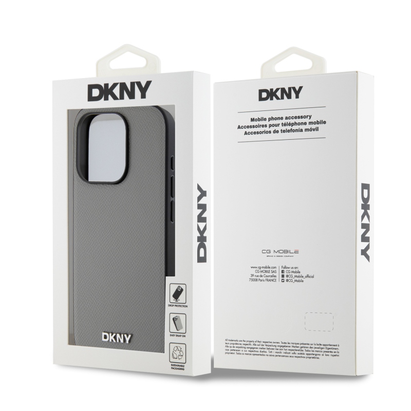 DKNY PU bőr ezüst fém logó Magsafe hátlap iPhone 15 Pro szürke szürkéhez