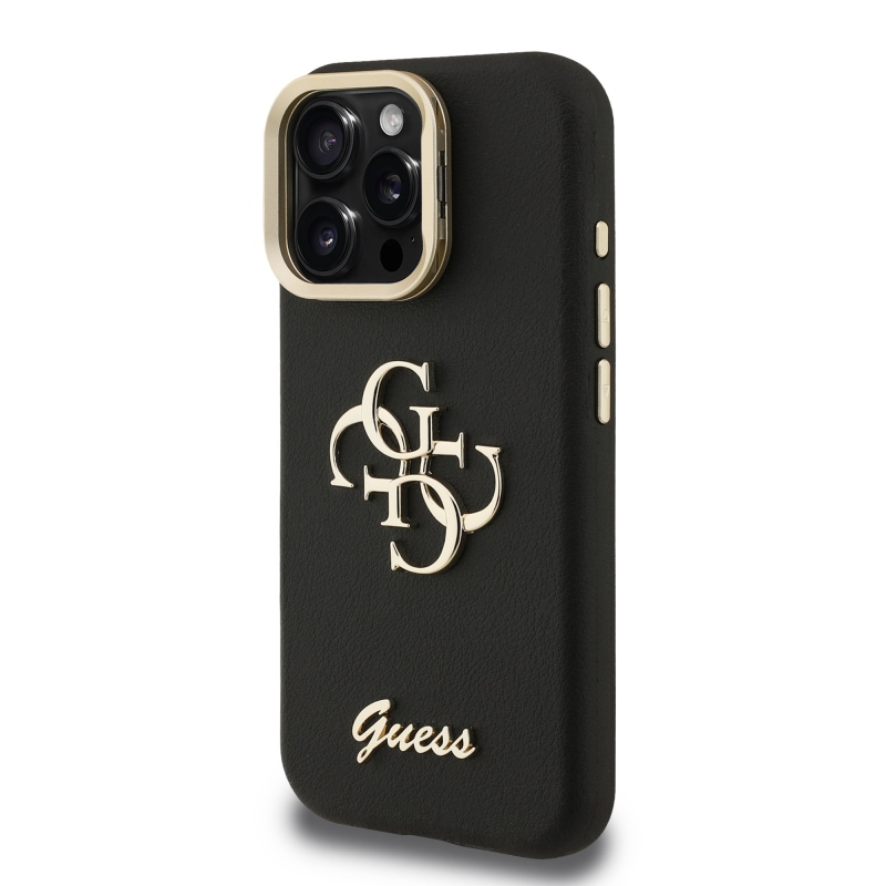 Guess PU szemcsés 4G Logo Stand Kamera keret hátlapi borító iPhone 16 Pro Max-hoz fekete