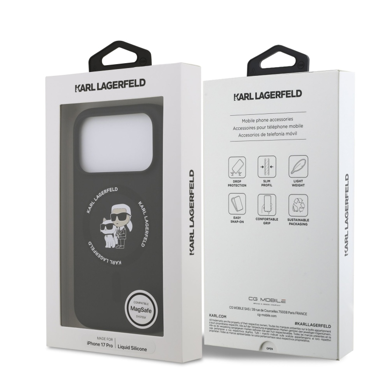 Karl Lagerfeld Folyékony szilikon Karl és Choupette MagSafe hátlap iPhone 17 Pro-hoz Fekete