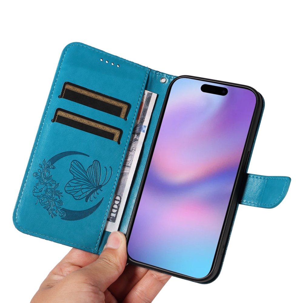 Virágos pillangó könyvtáska iPhone 17 készülékhez - kék