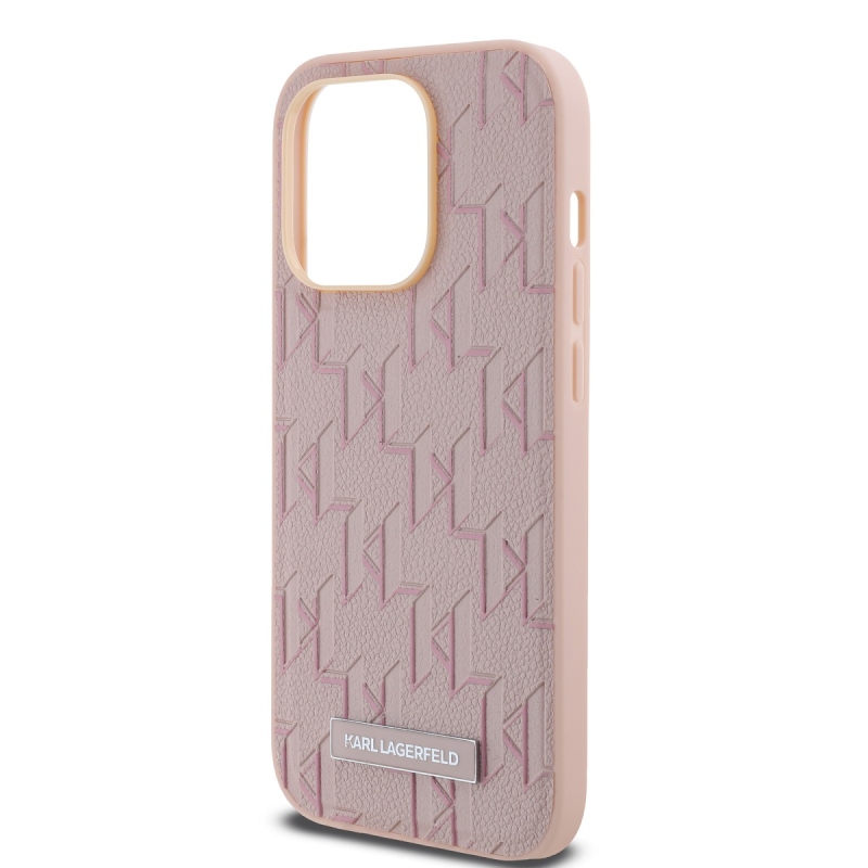 Karl Lagerfeld PU bőr monogram fém logó Magsafe hátlap iPhone 14 Pro Max rózsaszínhez