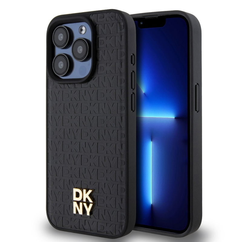 DKNY PU bőr Ismétlődő mintás Stack Logo Magsafe hátlap iPhone 15 Pro Max-hoz Fekete