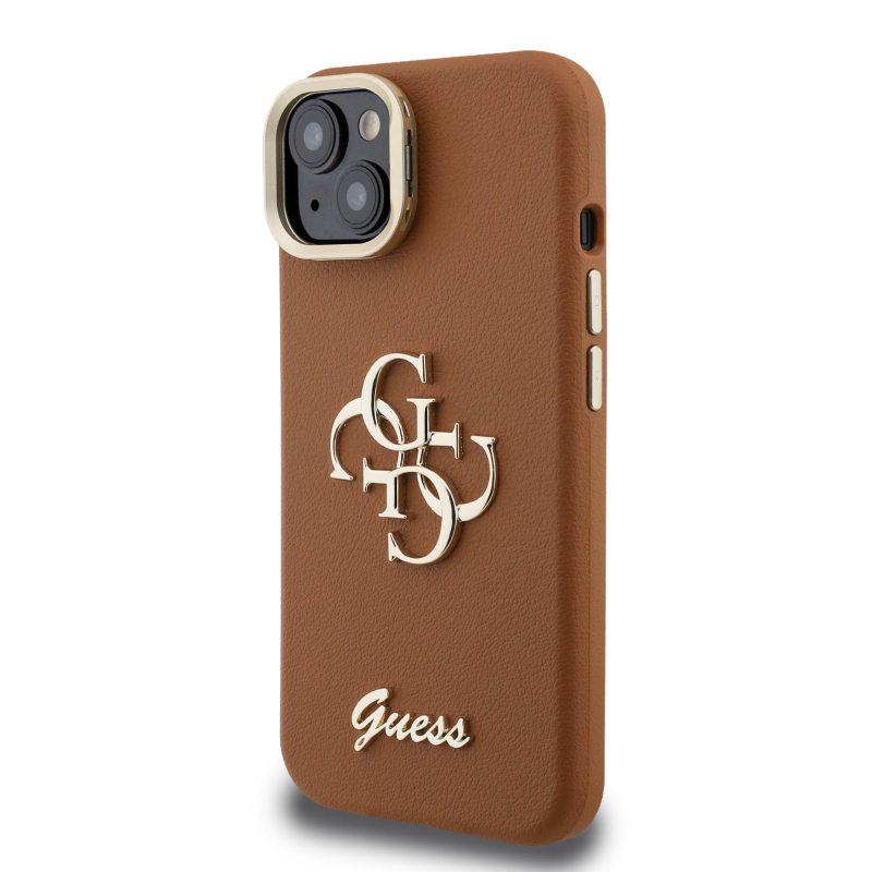 Guess PU szemcsés 4G Logo Stand Kamera keret hátlapi borító iPhone 15-hez Barna barna