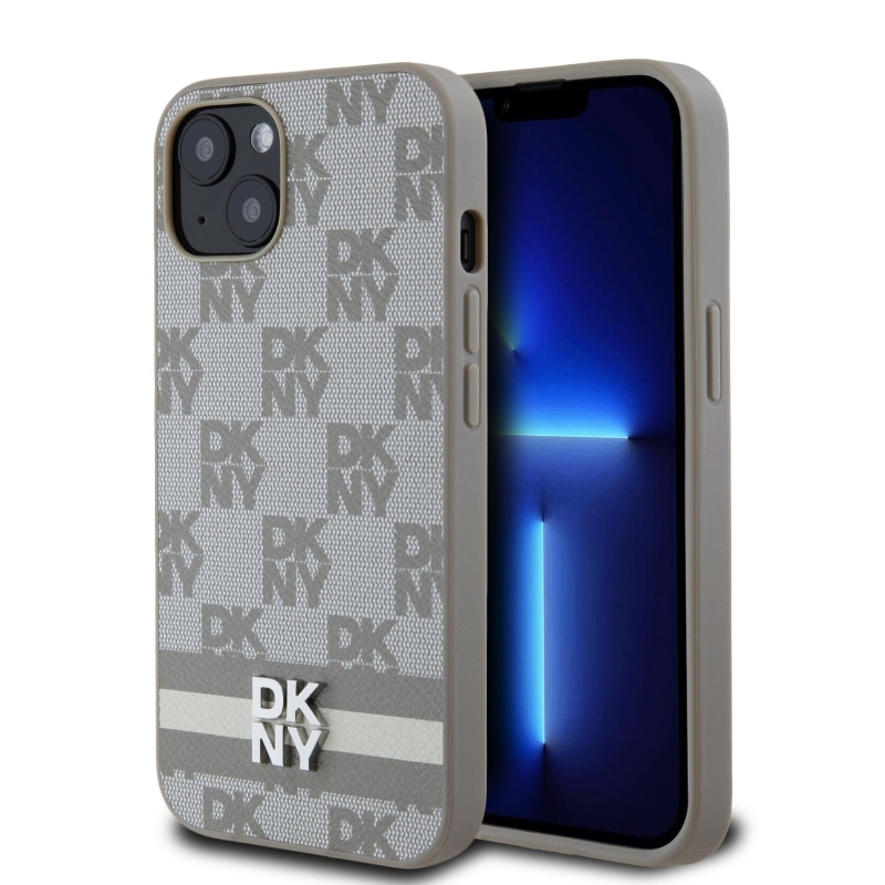 DKNY PU bőr kockás mintás és csíkos hátlapi borító iPhone 13 bézs színű készülékhez