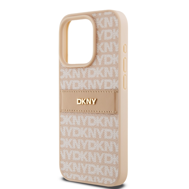 DKNY PU bőr ismétlődő mintás tonális csíkos hátlapi borító iPhone 14 Pro rózsaszínhez