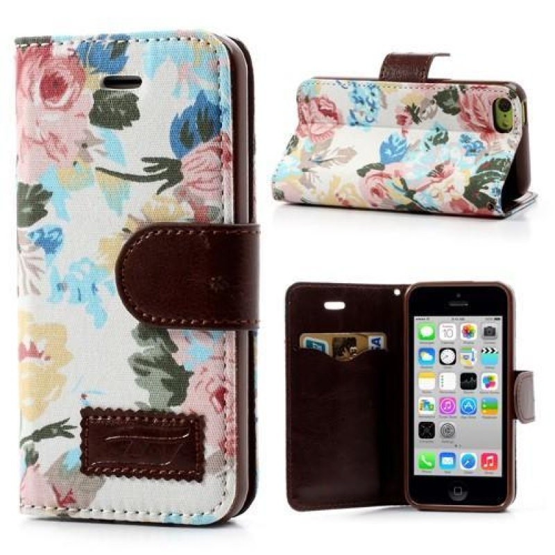 Virágos PU bőr/textil tok iPhone 5C készülékhez - fehér
