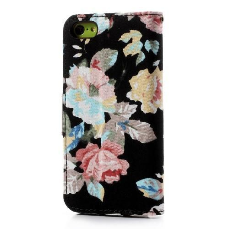 Virágos PU bőr/textil tok iPhone 5C készülékhez - fekete