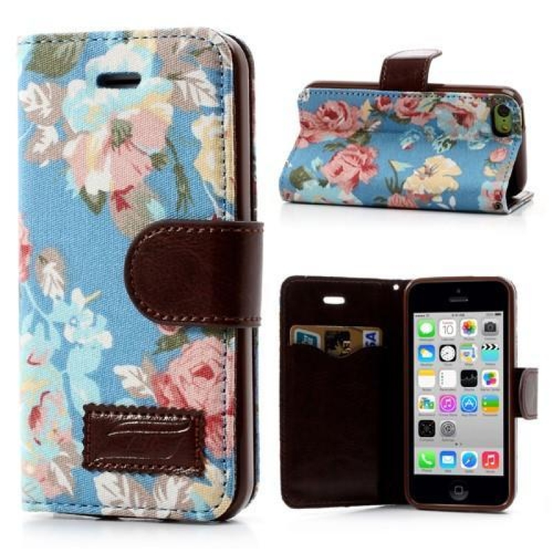 Virágos PU bőr/textil tok iPhone 5C készülékhez - kék