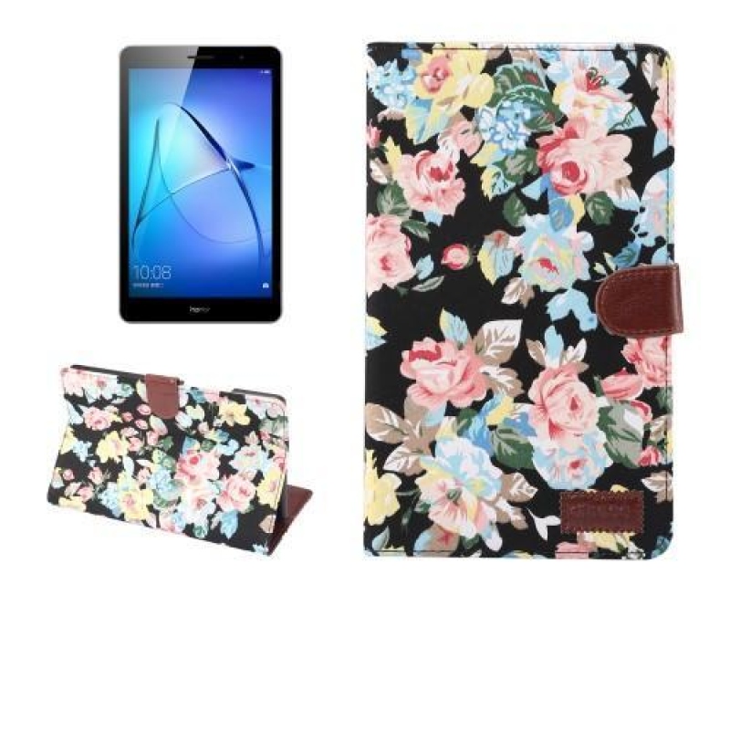 Virágos textil/PU bőr tok a Huawei MediaPad M3 Lite 10 készülékhez - fekete