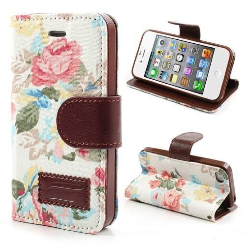 Virágos textil/PU bőr tok iPhone 4 és 4s készülékhez - fehér