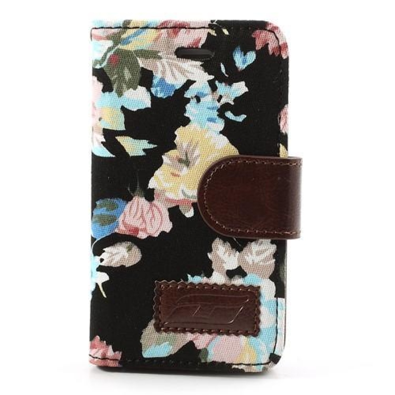 Virágos textil/PU bőr tok iPhone 4 és 4s készülékhez - fekete