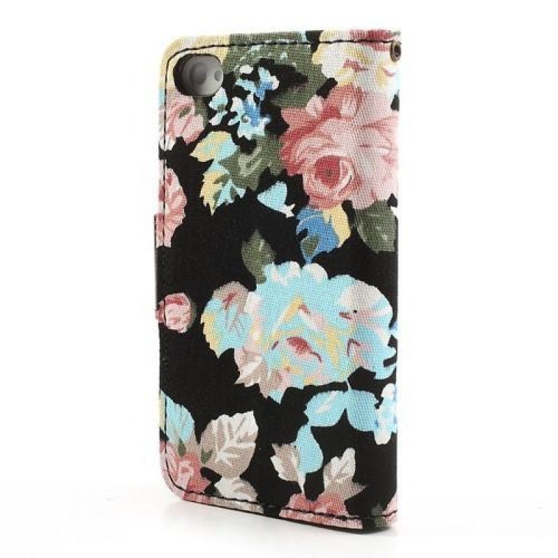 Virágos textil/PU bőr tok iPhone 4 és 4s készülékhez - fekete