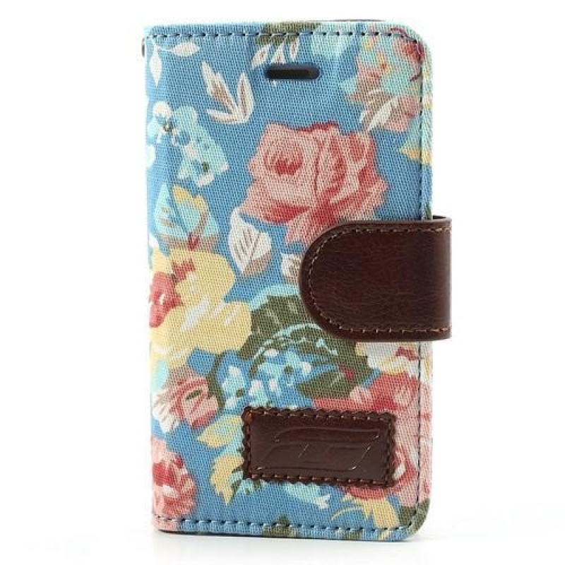 Virágos textil/PU bőr tok iPhone 4 és 4s készülékhez - kék