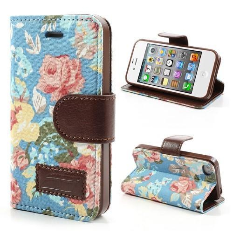 Virágos textil/PU bőr tok iPhone 4 és 4s készülékhez - kék