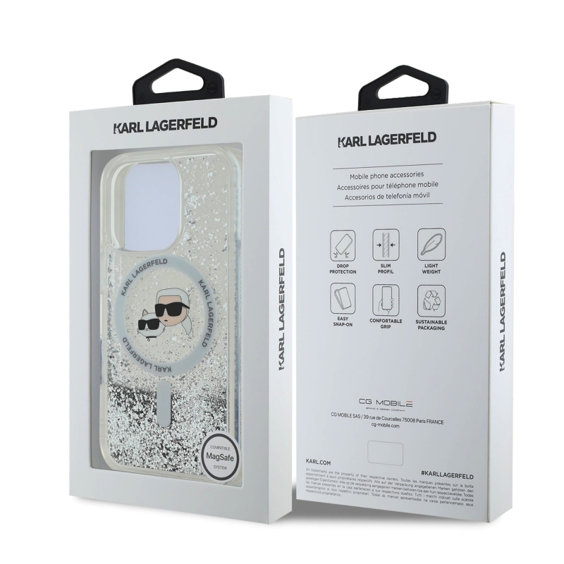 Karl Lagerfeld folyékony csillogó Karl és Choupette fejek MagSafe hátlap iPhone 16 Pro Max átlátszóhoz
