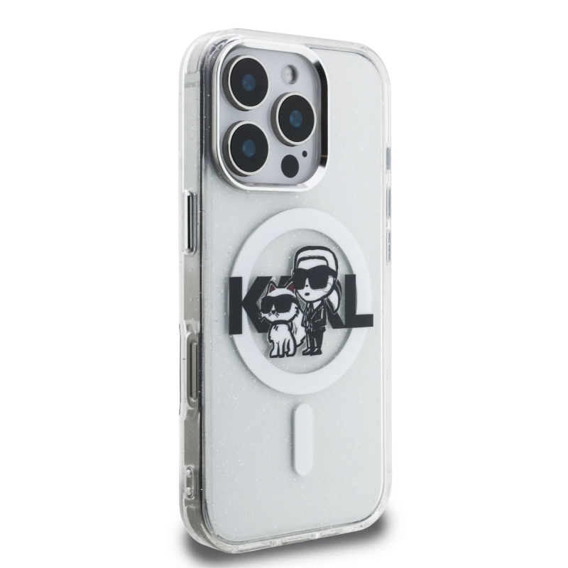 Karl Lagerfeld IML Glitter Karl és Choupette Sketch MagSafe hátlap iPhone 16 Pro átlátszóhoz