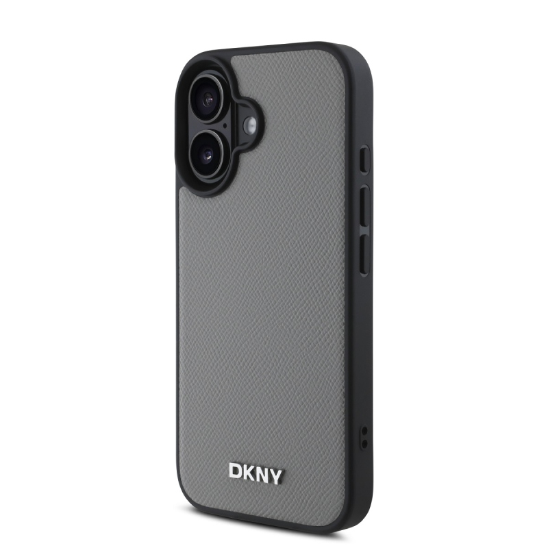 DKNY PU bőr ezüst fém logó Magsafe hátlap iPhone 16-hoz szürke