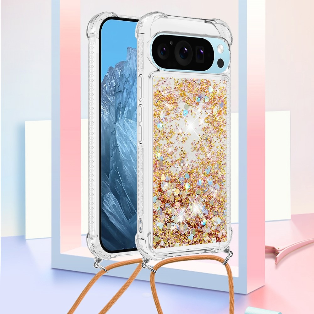Csillogó homokóra zselés tok húzózsinórral Google Pixel 10 Pro/Pixel 10 - arany/szív