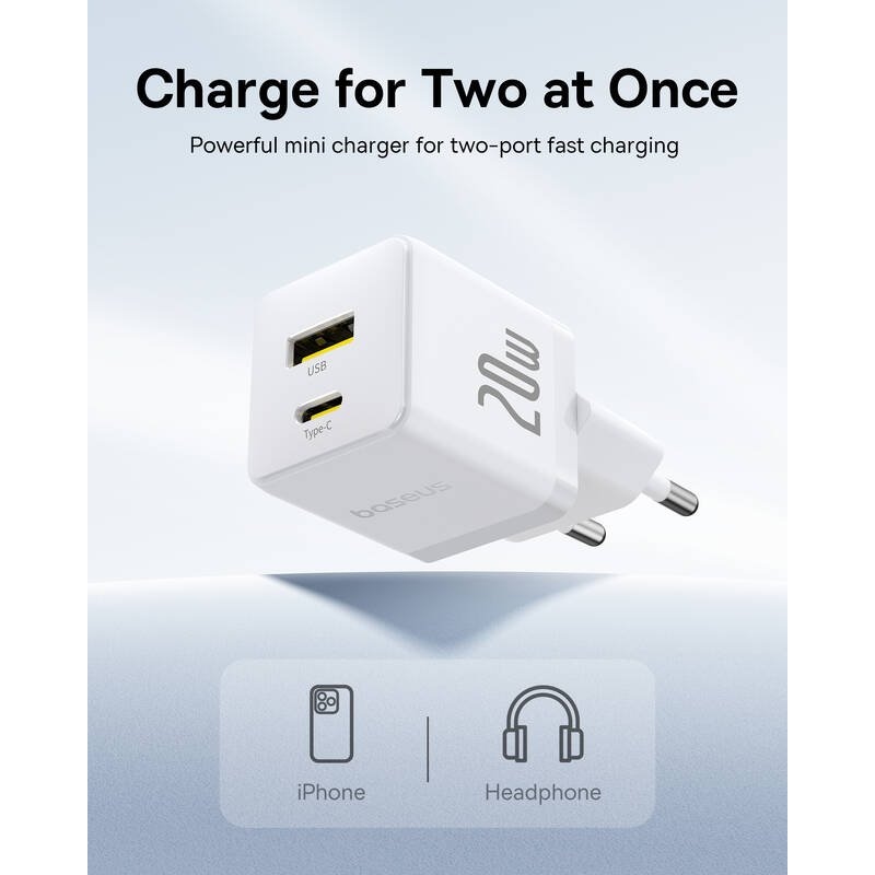Baseus Palm Gyorstöltő USB-A + USB-C 20W Fehér