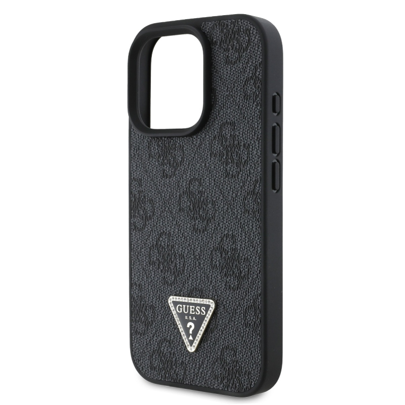 Guess PU 4G Strass háromszög fém logó hátlap + keresztpánt iPhone 16 Pro fekete színűre