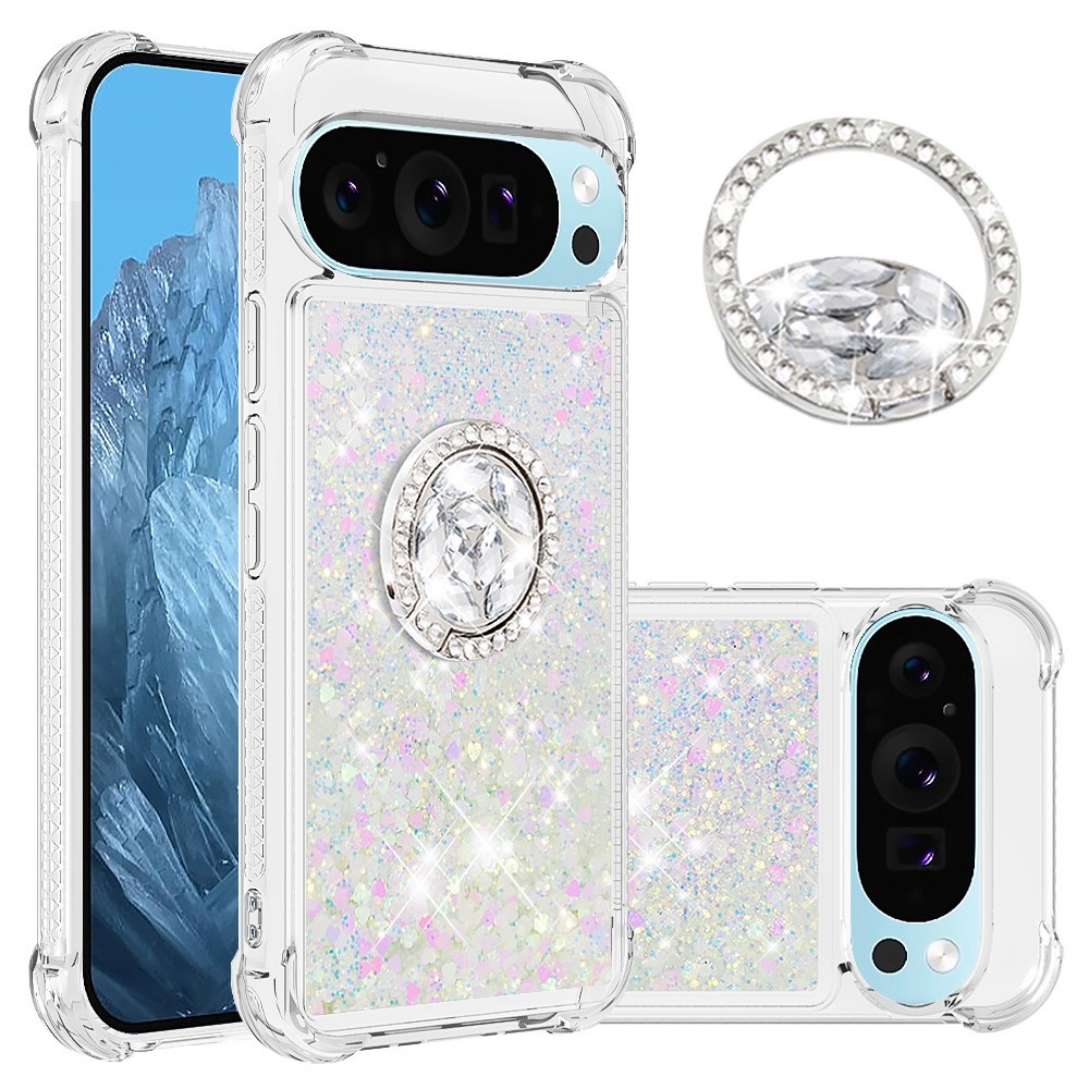Glitt homokóra zselés tok ujjgyűrűvel a Google Pixel 10 számára - rózsaszín/ezüst/szív
