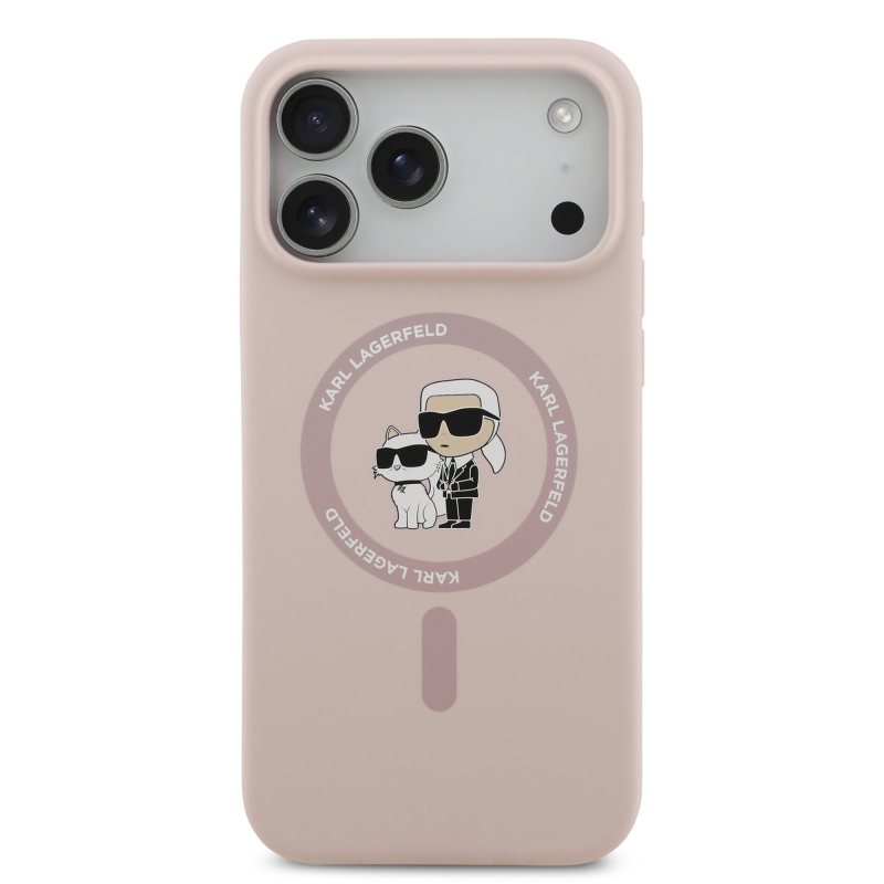 Karl Lagerfeld folyékony szilikon Karl és Choupette MagSafe hátlapi borító iPhone 17 Pro Max rózsaszínhez