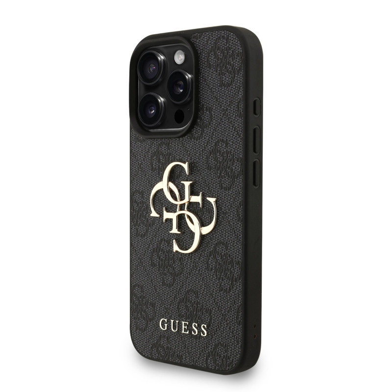 Guess PU 4G fém logós fém pánt hátlap iPhone 16 Pro Max-hoz Fekete