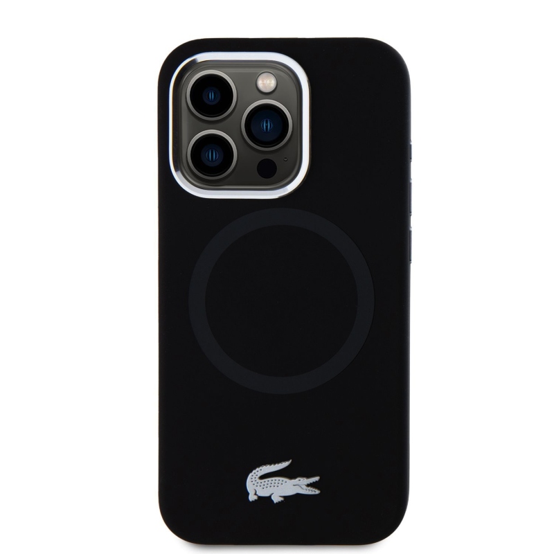 Lacoste Liquid Silicone Microfiber Silver Croc Logo MagSafe hátlap iPhone 15 Pro Fekete
