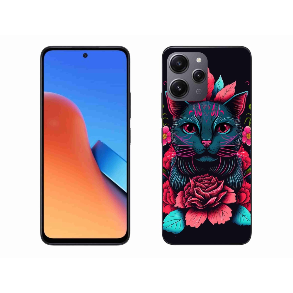 Gél borító mmCase a Xiaomi Redmi 12-hez - virágok és macska