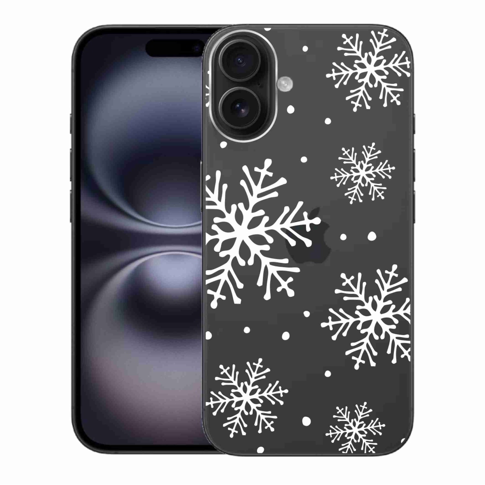 Zselés borítás mmCase iPhone 16 Plus készülékhez - fehér pelyhek átlátszó háttéren