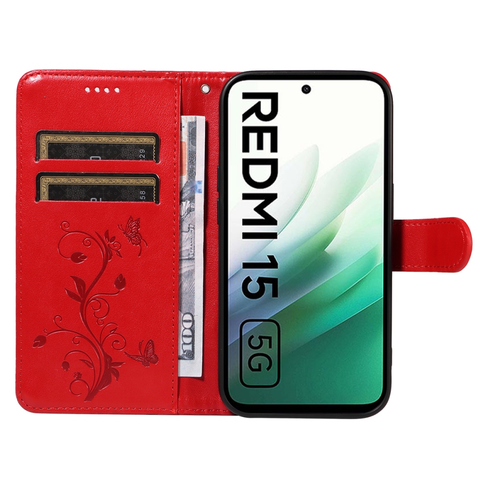 Virágos könyv tok Xiaomi Redmi 15 4G (171mm) - piros