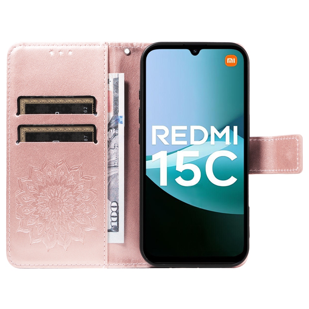 Napraforgó könyv tok Xiaomi Redmi 15C 4G/5G (173mm) - rózsa arany