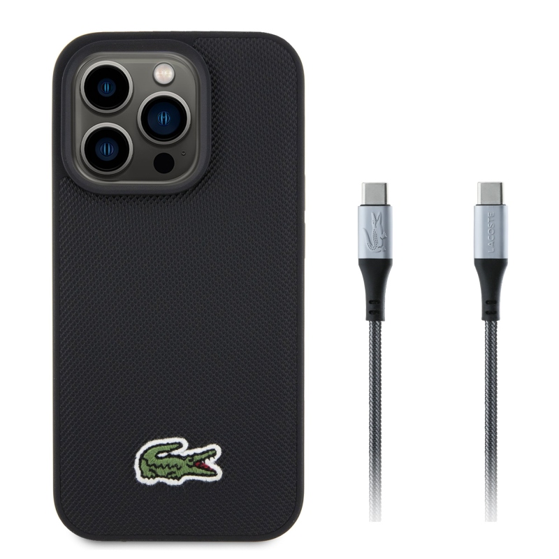 Lacoste Iconic Petit Pique Woven Logo MagSafe hátlap iPhone 15 Pro fekete + USB-C/USB-C adatkábelhez
