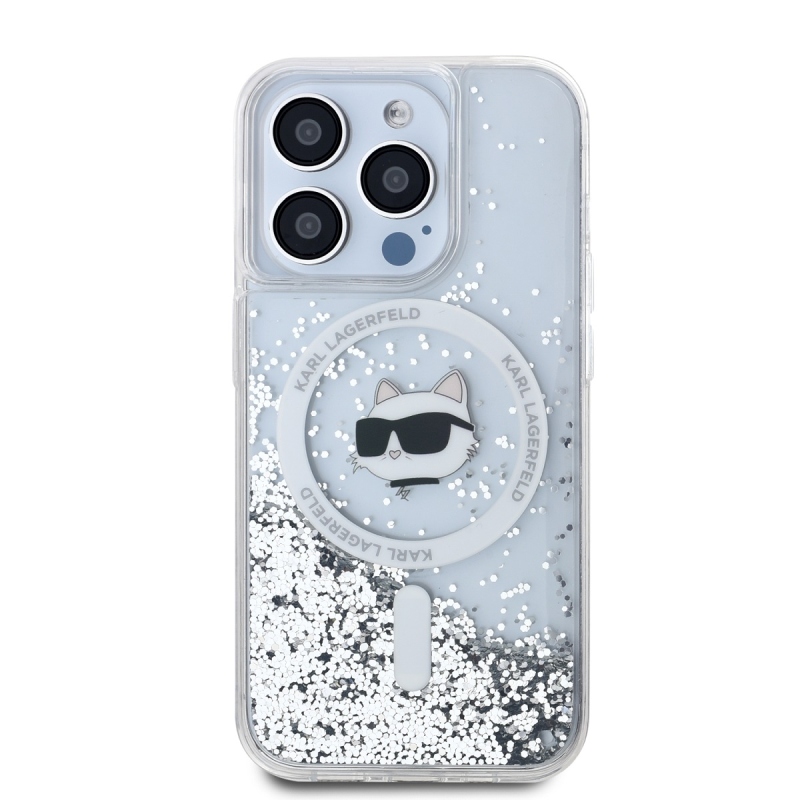 Karl Lagerfeld Liquid Glitter Choupette Head MagSafe hátlap iPhone 15 Pro Max-hoz Átlátszó