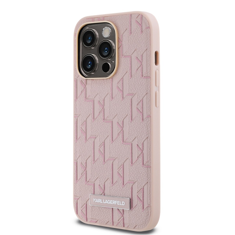 Karl Lagerfeld PU bőr monogram fém logó Magsafe hátlap iPhone 14 Pro Max rózsaszínhez