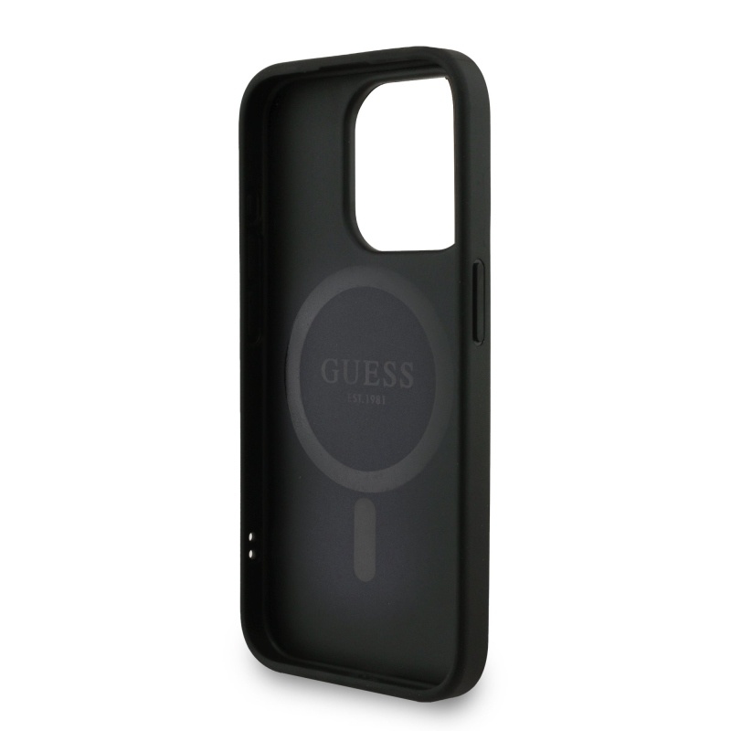 Guess PU bőr 4G színes gyűrűs pánt MagSafe hátsó borító iPhone 15 Pro Fekete