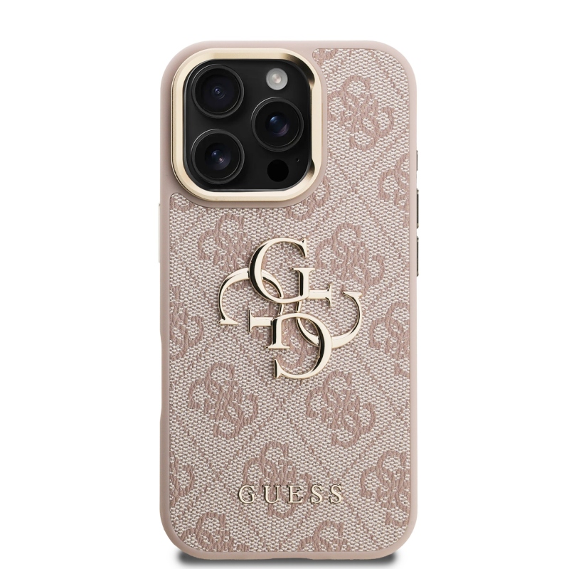 Guess PU 4G fém logó állvány kamera keret hátlapja iPhone 16 Pro Max rózsaszínhez