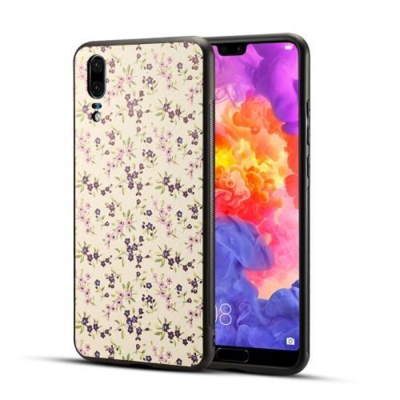 Hibrid gél tok PU bőr hátlappal Huawei P20 készülékhez - lila virágok