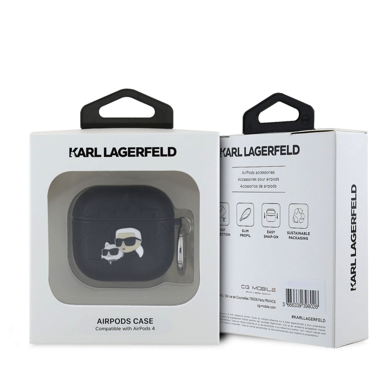 Karl Lagerfeld PU dombornyomott Karl és Choupette fejek tok az AirPods 4 készülékhez Fekete