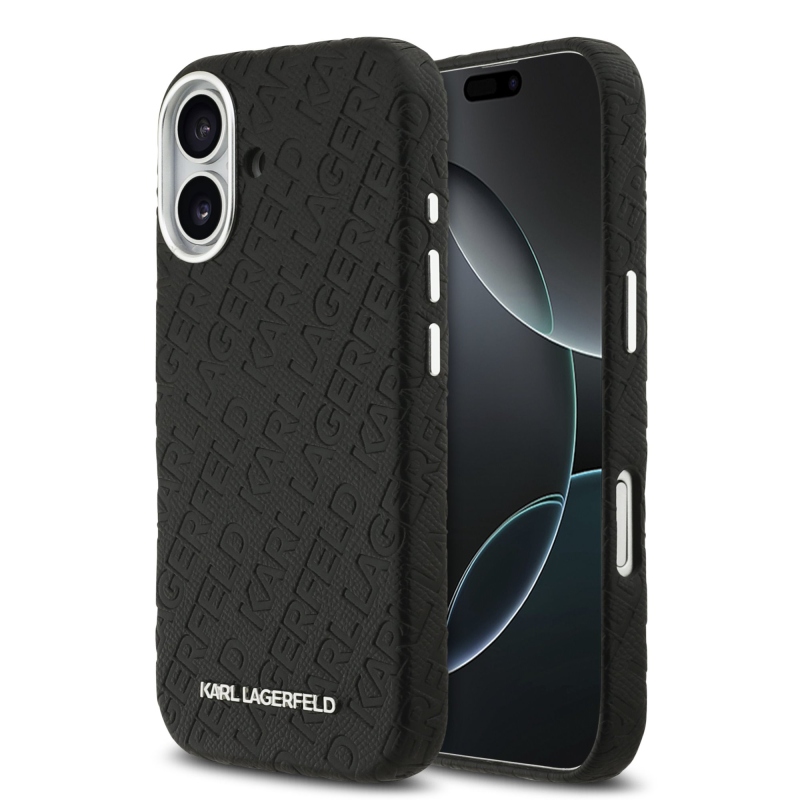 Karl Lagerfeld szemcsés PU ismétlődő logó MagSafe hátlap iPhone 17-hez Fekete