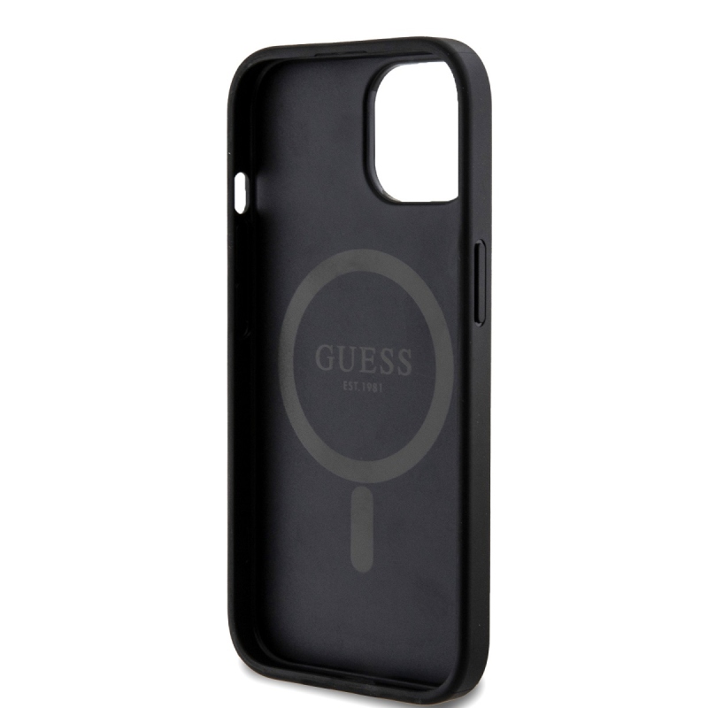 Guess PU bőr 4G színes gyűrűs MagSafe hátlap iPhone 15-hez Fekete