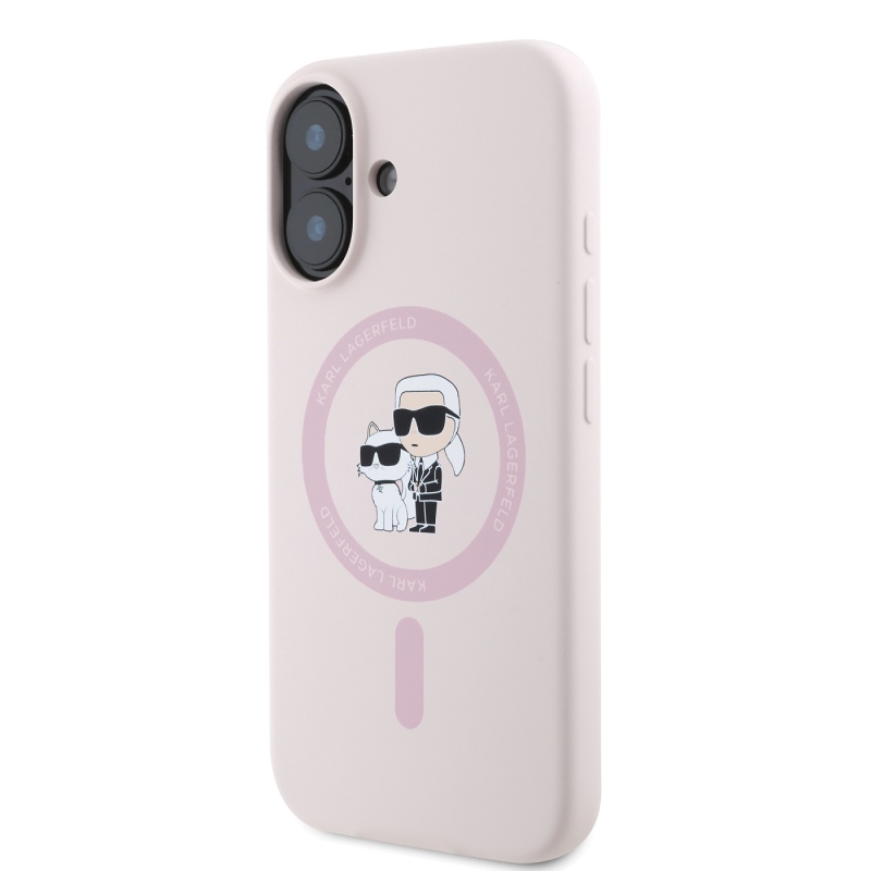 Karl Lagerfeld folyékony szilikon Karl és Choupette MagSafe hátlapi borító iPhone 16 rózsaszínhez
